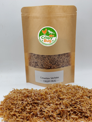 Crevettes  déshydratées et séchées 100 gr avec logo crispybug sur le doypack.  ideal pour decouverte et pour développement tortues, Nac, Poules, reptiles, poissons.  Riches en proteines et oligo elements
