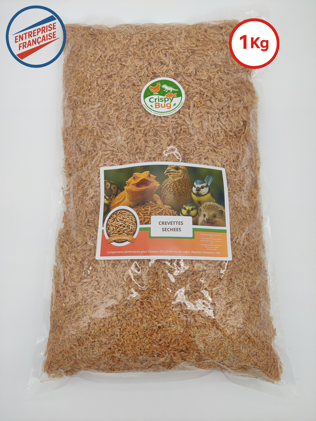 Sac de 1kg de crevettes séschées avec une etiquette Crispybug poule, oiseaux, herisson, reptile. Logo crispybug et entreprise francaise