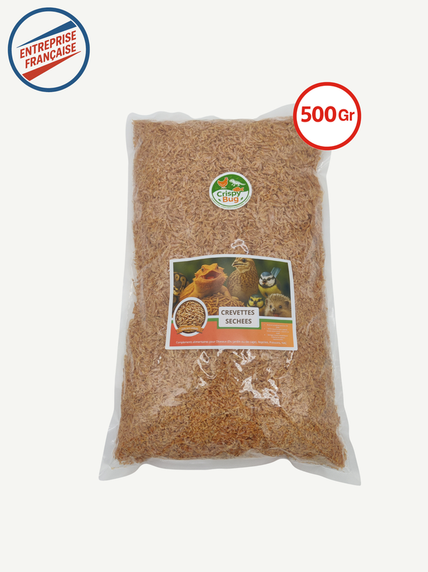Sac de 500g de crevettes séschées avec une etiquette Crispybug poule, oiseaux, herisson, reptile. Logo crispybug et entreprise francaise