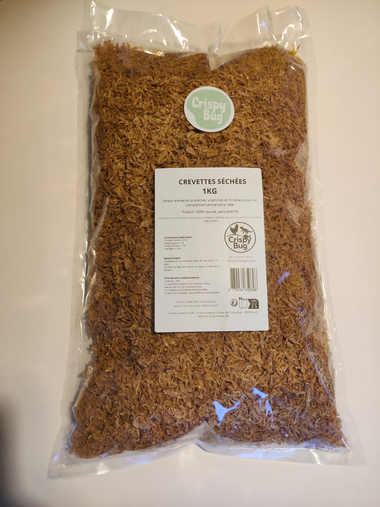 Crevettes déshydratées et séchées 1Kg avec logo crispybug sur le sachet.  ideal pour développement tortues, Nac, Poules, reptiles, poissons.  Riches en proteines et oligo elements