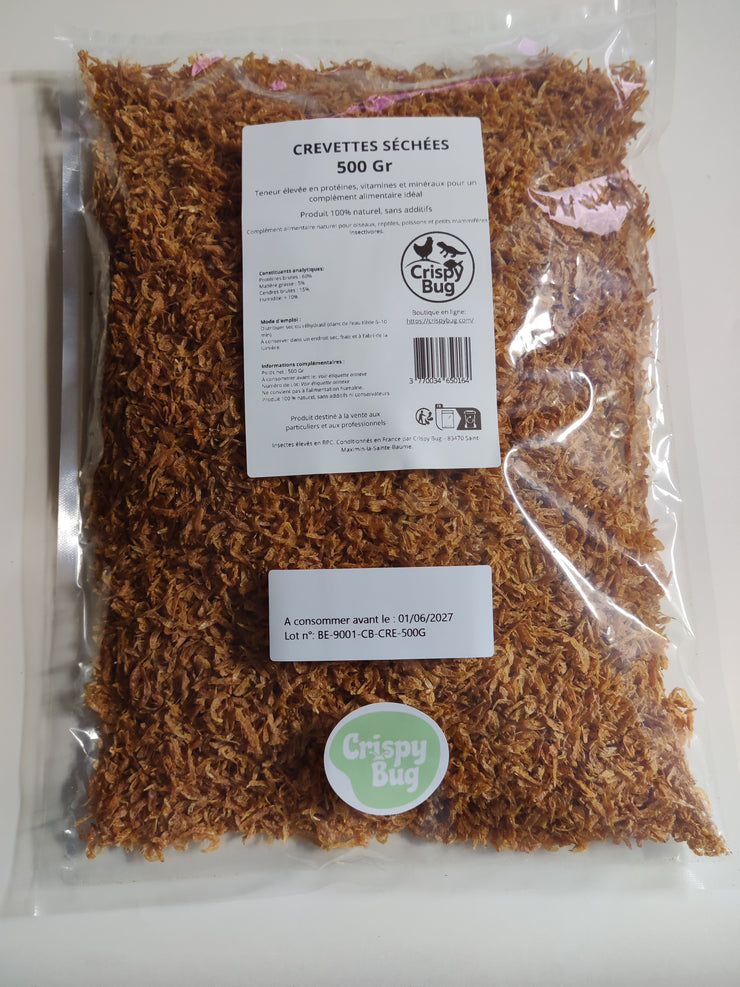 Crevettes déshydratées et séchées 500g avec logo crispybug sur le sachet.  ideal pour développement tortues, Nac, Poules, reptiles, poissons.  Riches en proteines et oligo elements