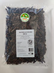 Sauterelles séchées et deshydratéés 500g avec logo Crispybug. Conditionnement pour petit élevage. Composition décrite sur etiquette. Forte teneur en proteine. Pictogramme crispybug pour Nac, poules, reptiles, oiseaux
