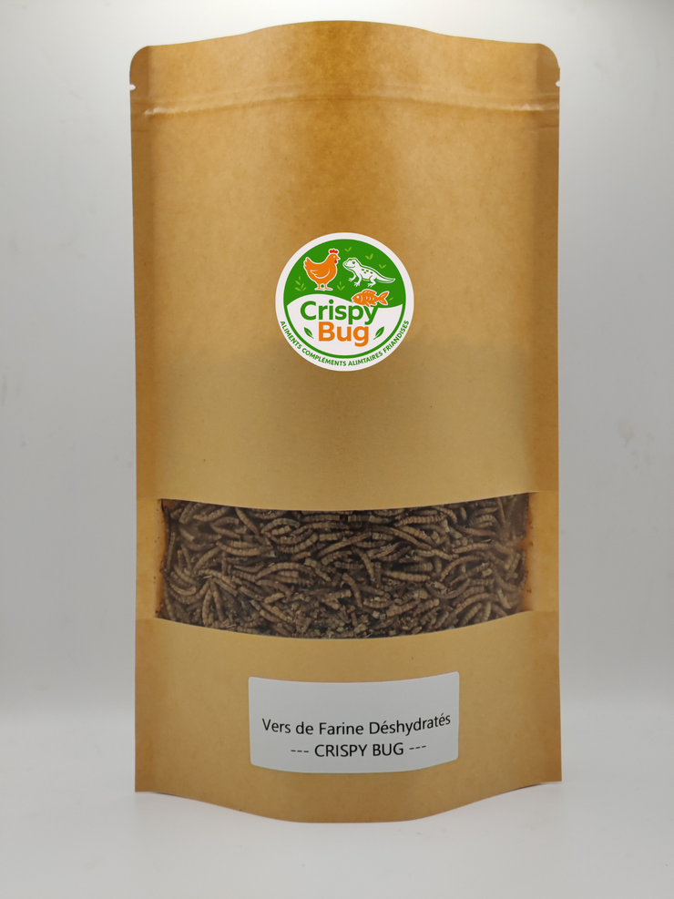 Vers de farine  déshydratées et séchées 250 gr avec logo crispybug sur le doypack.  ideal pour decouverte et récompenser  tortues, Nac, Poules, reptiles, poissons. 
