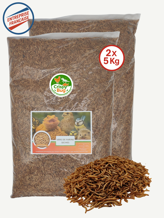 deux sacs de Vers de farine 5 kg déshydratés séchés.  Etiquette de composition - Riche en protéines et bon lipides. Format familial et semi professionnels et petit élevage récompenses tortues, Nac, Poules, oiseaux, reptiles, poissons
Une pelle doseuse. Avec des vers de farine en premier plan