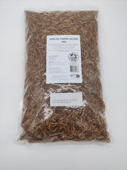 Vers de farine 1 kg déshydratés séchés.  Etiquette de composition - Riche en protéines et bon lipides. Format familial et petit élevage récompenses tortues, Nac, Poules, oiseaux, reptiles, poissons