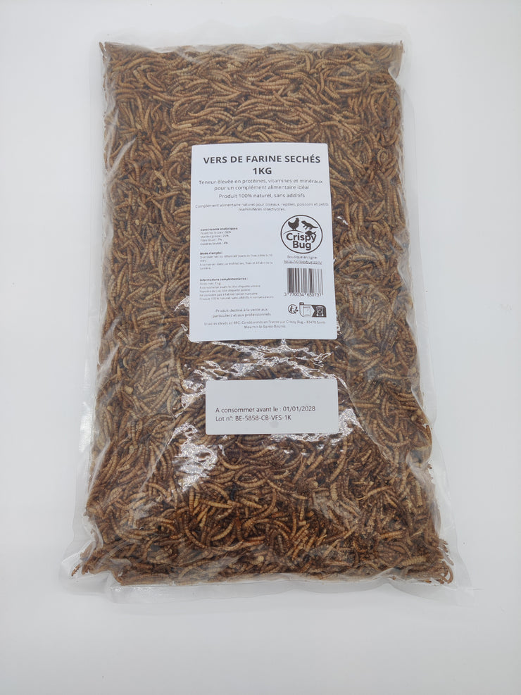Vers de farine 1 kg déshydratés séchés.  Etiquette de composition - Riche en protéines et bon lipides. Format familial et petit élevage récompenses tortues, Nac, Poules, oiseaux, reptiles, poissons