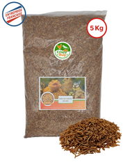 Vers de farine 5 kg déshydratés séchés.  Etiquette de composition - Riche en protéines et bon lipides. Format familial et semi professionnels et petit élevage récompenses tortues, Nac, Poules, oiseaux, reptiles, poissons
Une pelle doseuse. Avec des vers de farine en premier plan