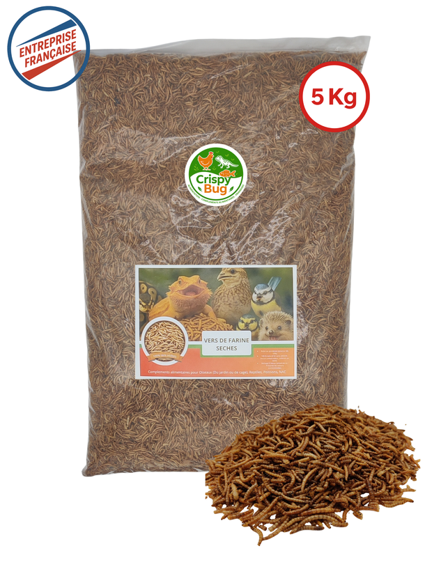 Vers de farine 5 kg déshydratés séchés.  Etiquette de composition - Riche en protéines et bon lipides. Format familial et semi professionnels et petit élevage récompenses tortues, Nac, Poules, oiseaux, reptiles, poissons
Une pelle doseuse. Avec des vers de farine en premier plan