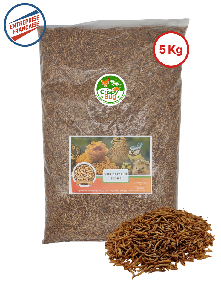 Vers de farine 5 kg déshydratés séchés.  Etiquette de composition - Riche en protéines et bon lipides. Format familial et semi professionnels et petit élevage récompenses tortues, Nac, Poules, oiseaux, reptiles, poissons
Une pelle doseuse. Avec des vers de farine en premier plan. Logo entreprise francaise